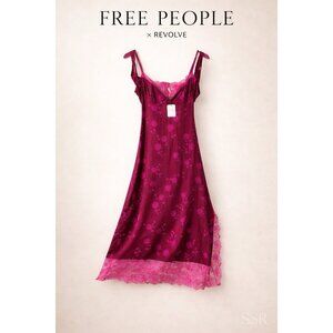 Free People x REVOLVE Party Crasher Midi Slip Dress Pink Floral Lace Trim SatinS